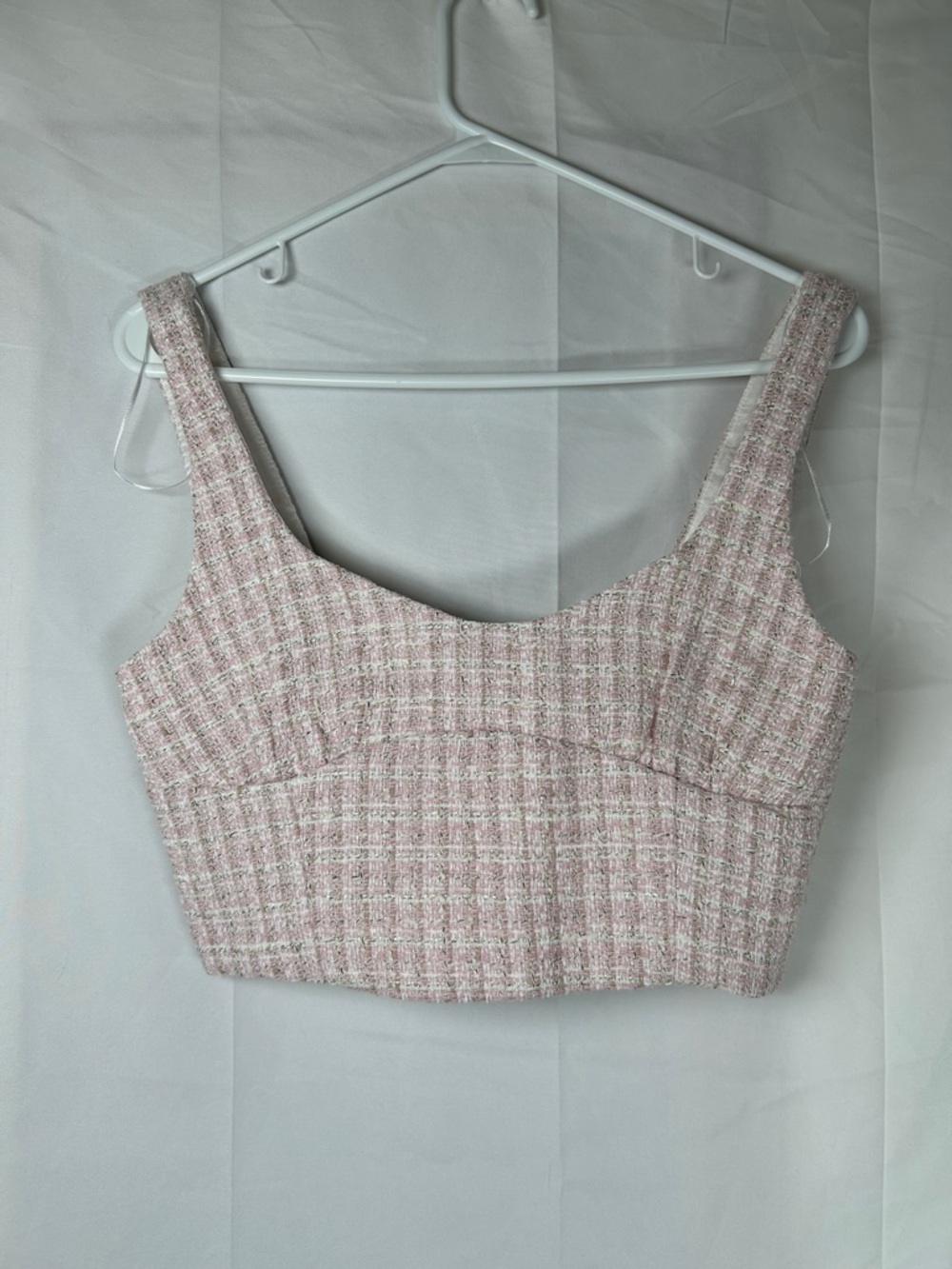 Zara Pink White Tweed Crop Top Women’s Small Sleeveless Chic Zipper Wide Strap
